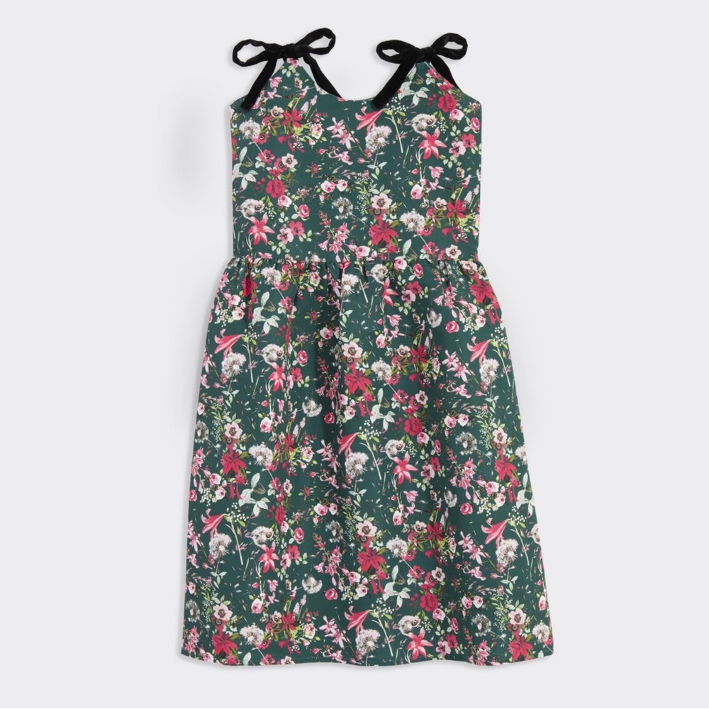 Vineyard Vines Girl’s Velvet Bow Strap Dress in Green Floral - M NWT